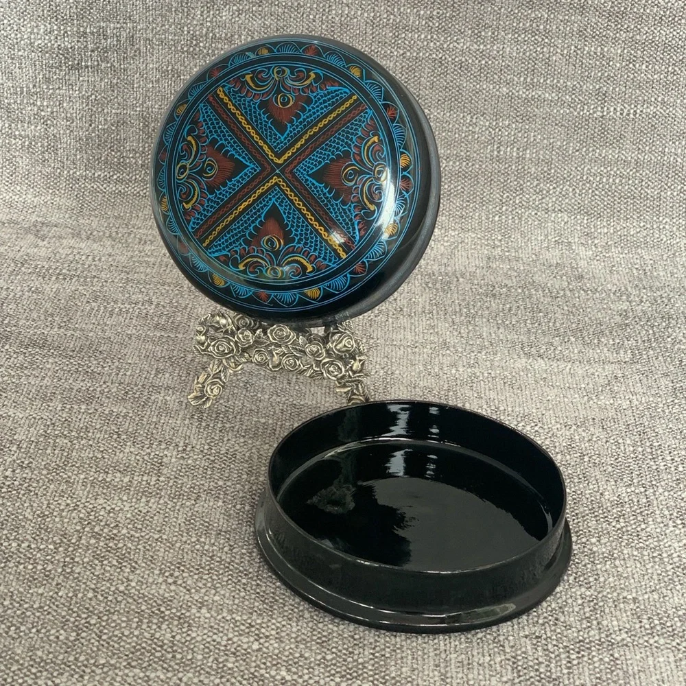 Vtg Paisley Circle Trinket Box Lacquer Kashmir Hand Painted Paper Mache Myanmar